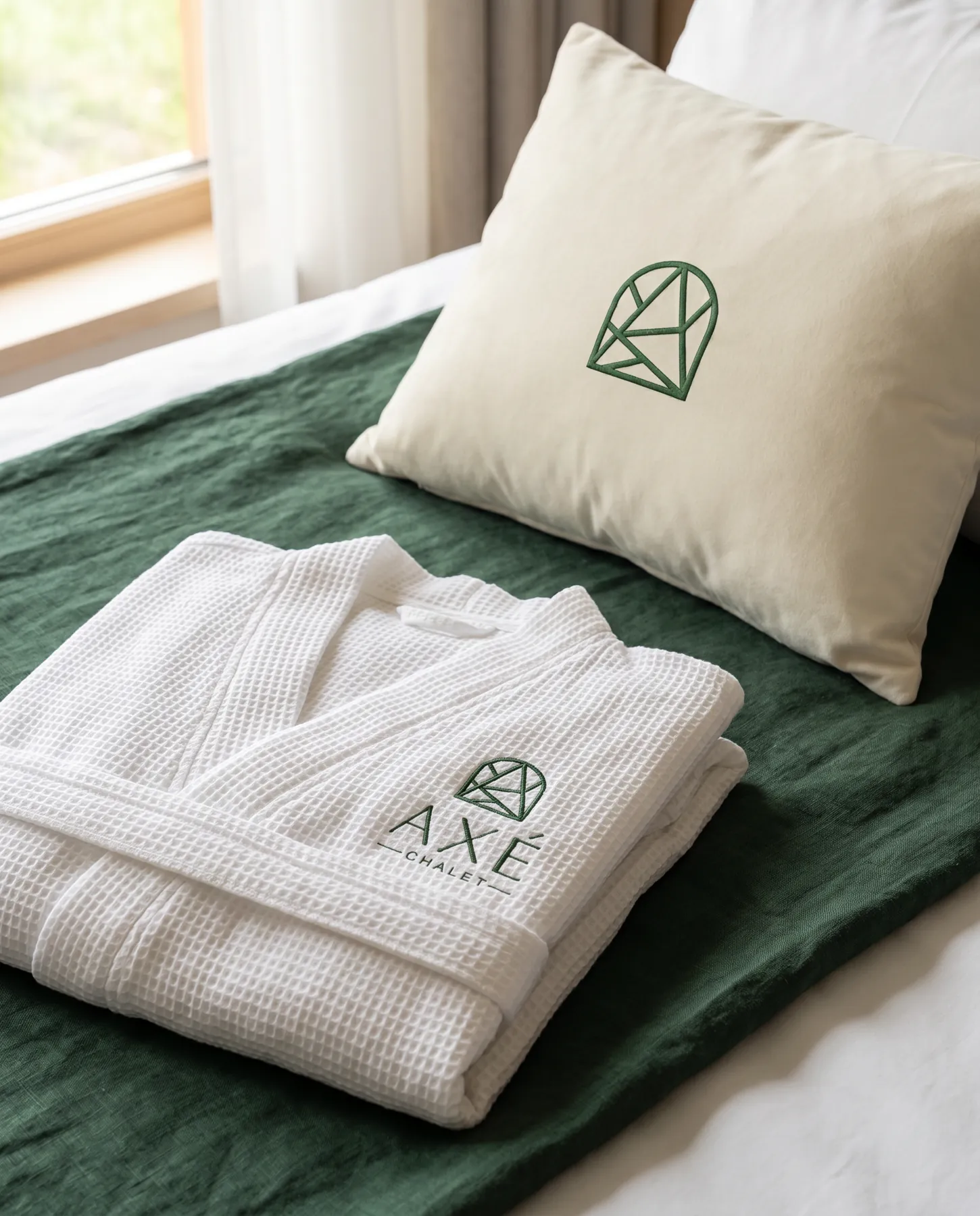 Bata y almohada bordadas con el isotipo de Axé Chalet