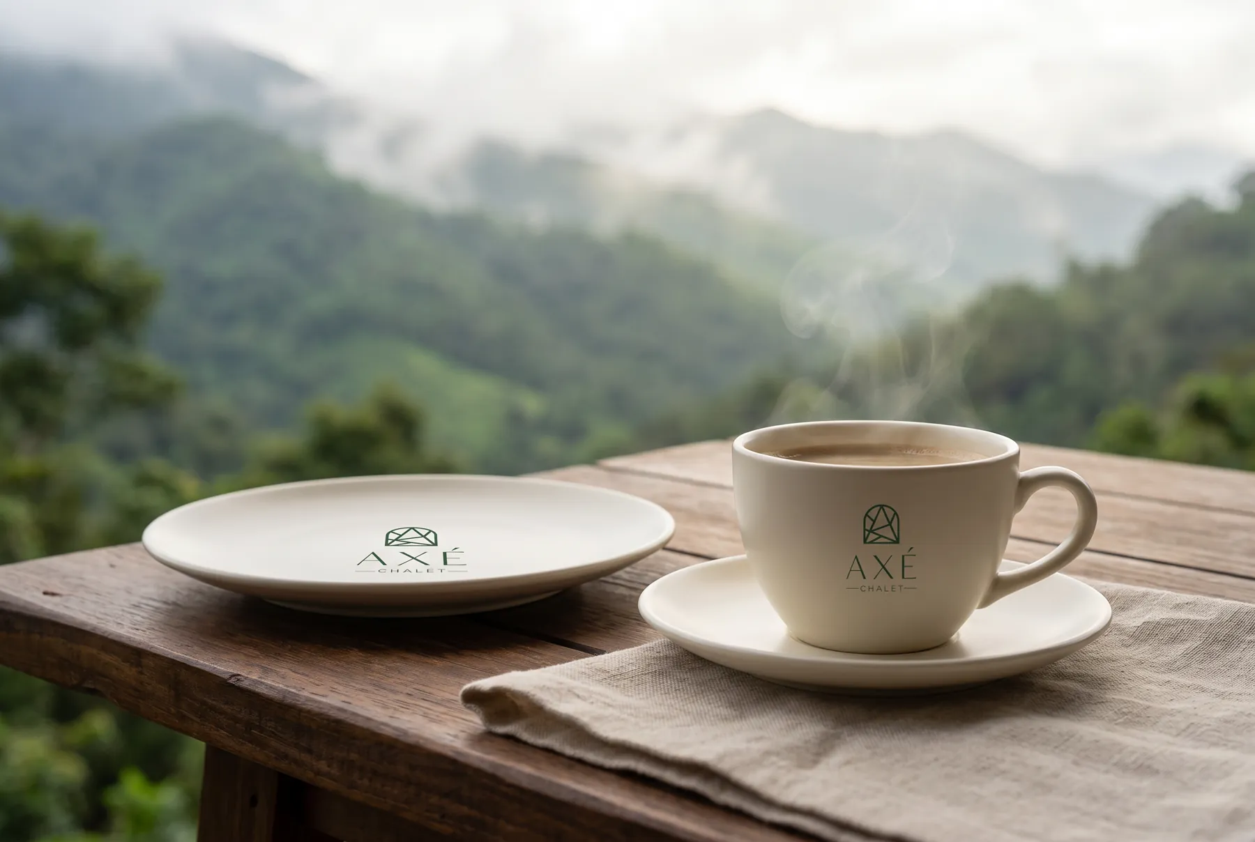 Taza y plato con el logo de Axé Chalet en la terraza