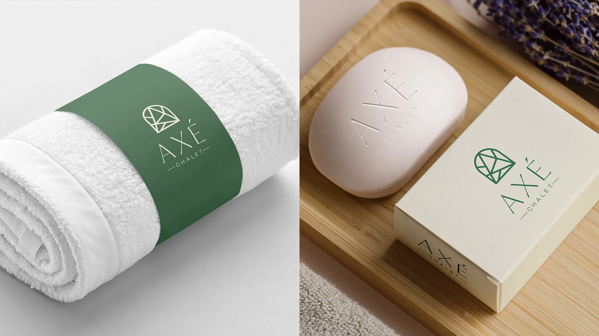 Toalla y jabón con la marca Axé Chalet