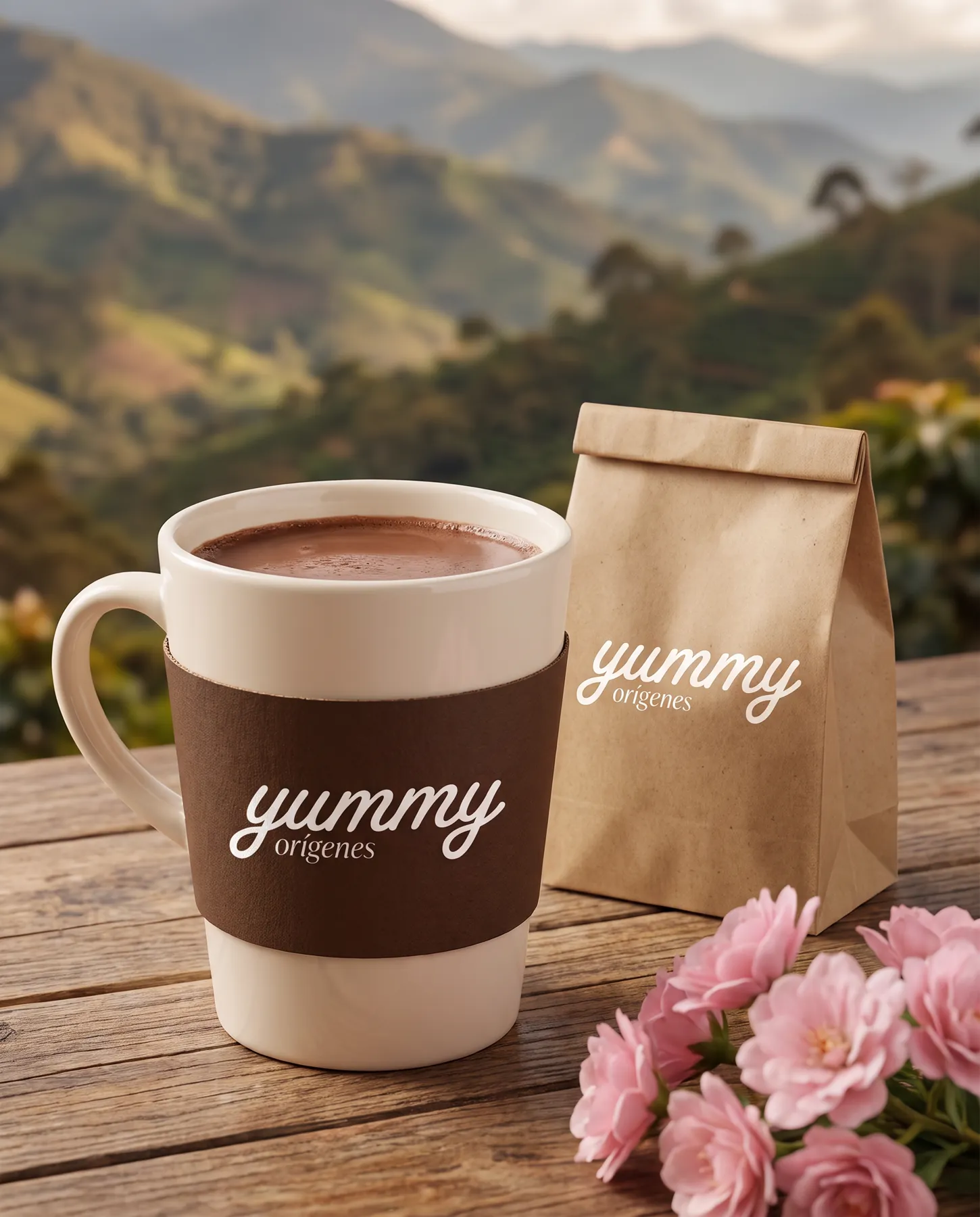 Chocolate caliente y bolsa de Yummy Orígenes
